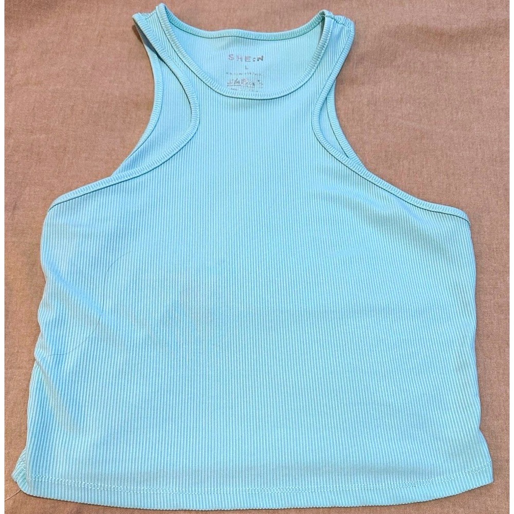 SHEIN Women's Blue Solid Ribbed Stretch Scoop Neck Racerback Tank Top, Size L